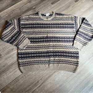 Men's Beige and Navy Patterned Sweater